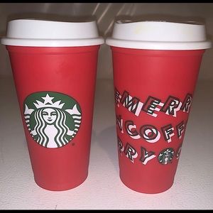 (2) Starbucks Red Limited Holiday 2013 Reusable Merry Coffee Cup Tumbler 16oz